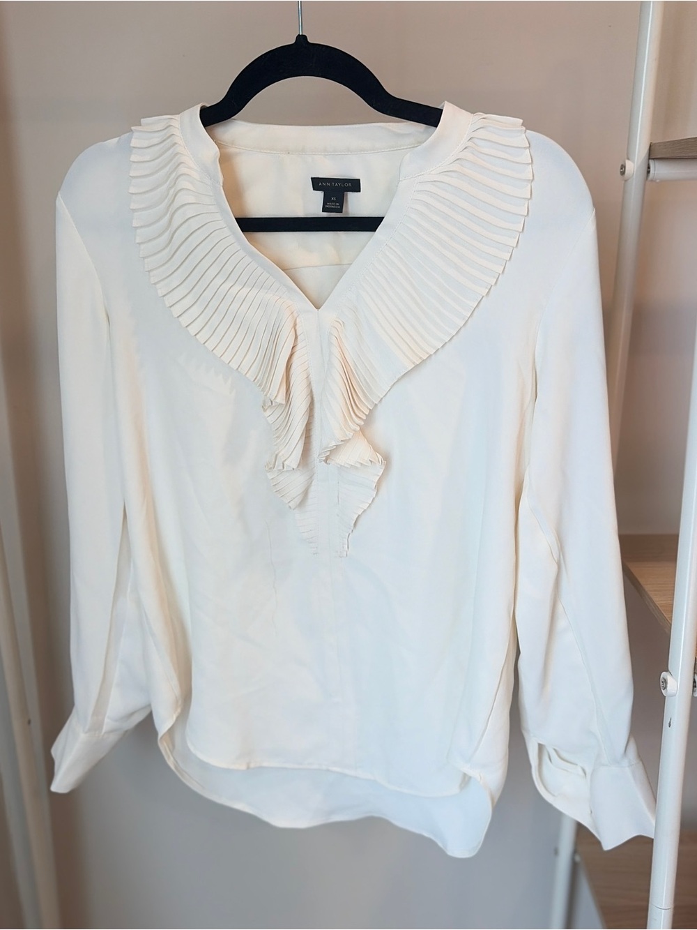 Ann Taylor Cream Ruffle V-Neck Blouse